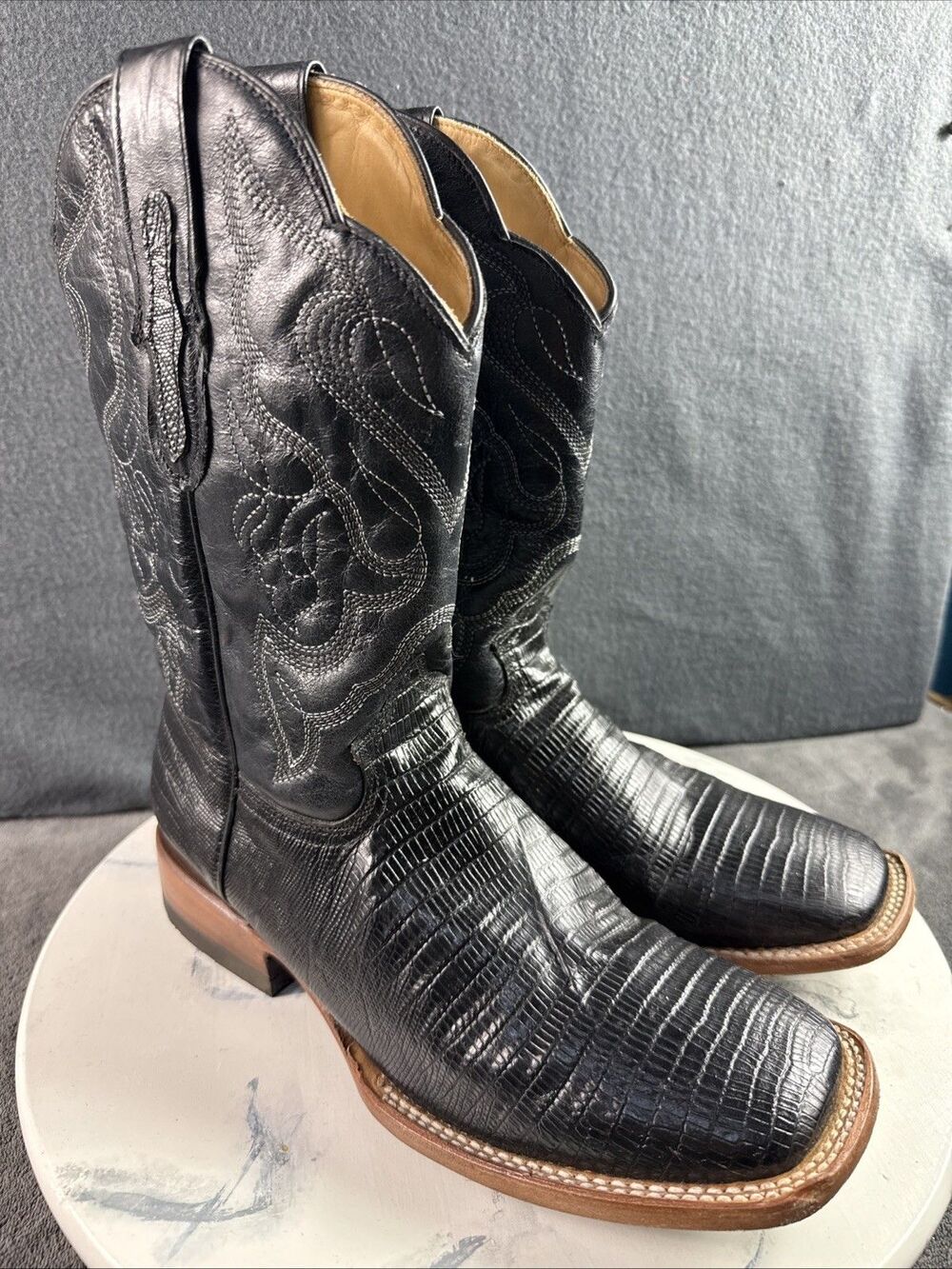 Vaquero Bronco Black Leather Lizard Print Western Cowboy Boots Men Size 10 EE
